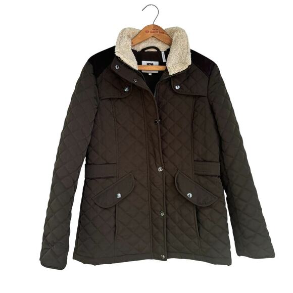 Laundry By Design Quilted Barn Jacket Chore Coat Size M Fleece Collar Olive Grn - Picture 1 of 6